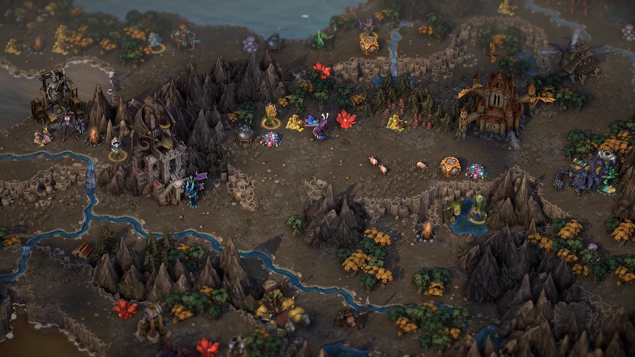 Adventure map with a castle, nearby mines, forests, lava border, and visible resource routes