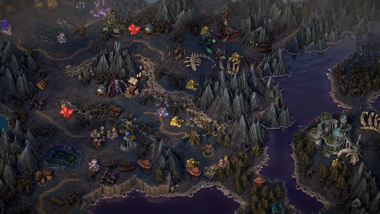 Adventure map with mountain passes, rivers, resources, guards, and branching roads