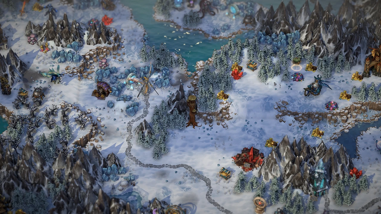 Dark adventure map coastline with winding roads, mountains, treasures, and guarded structures
